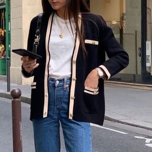 Maje Black Cardigan with Cream Trim